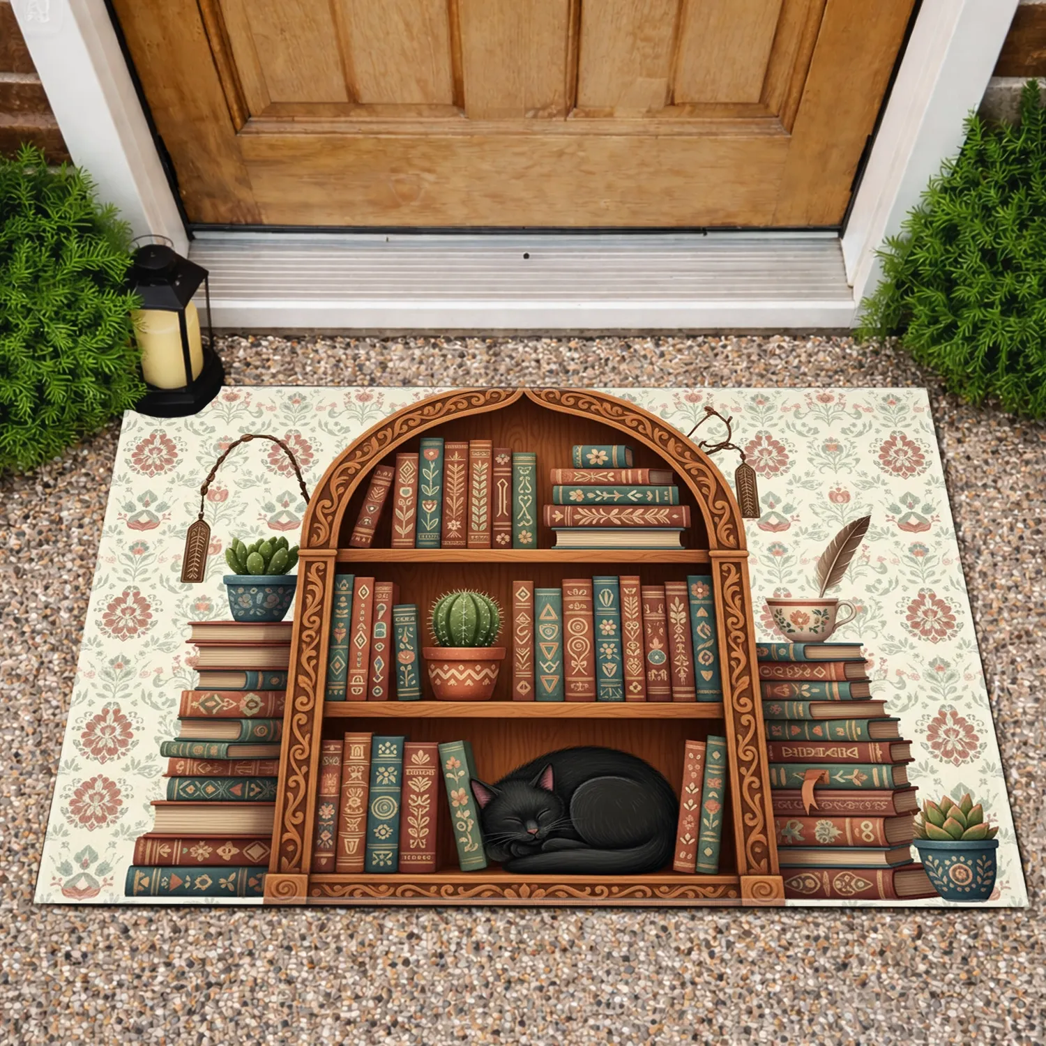 Black Cat Bookshelf Folk Art Books Cactus - Home Decor Gift for Book Lover Doormat - 1
