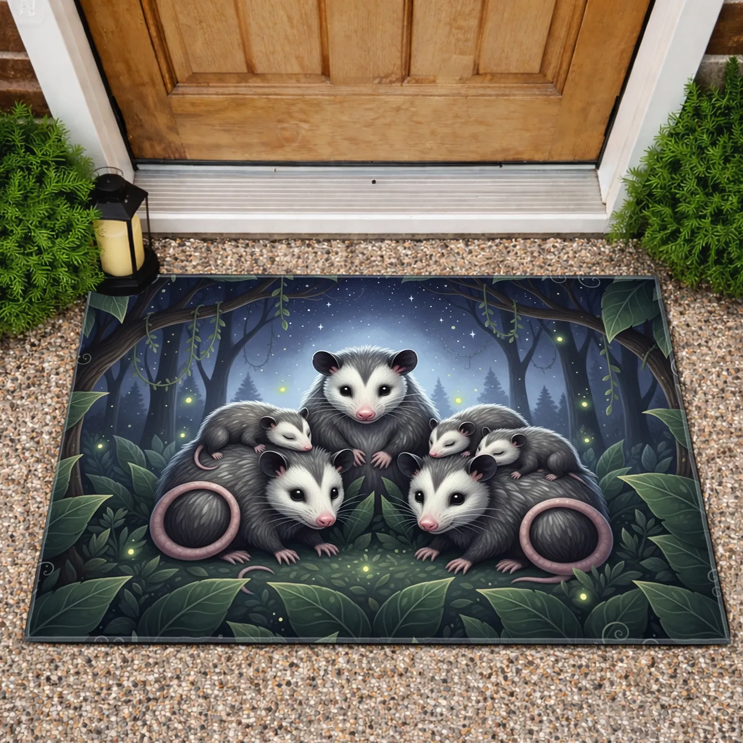 Opossum Family Nocturnal Forest Moonlight - Wildlife Lover Gift Doormat - 1
