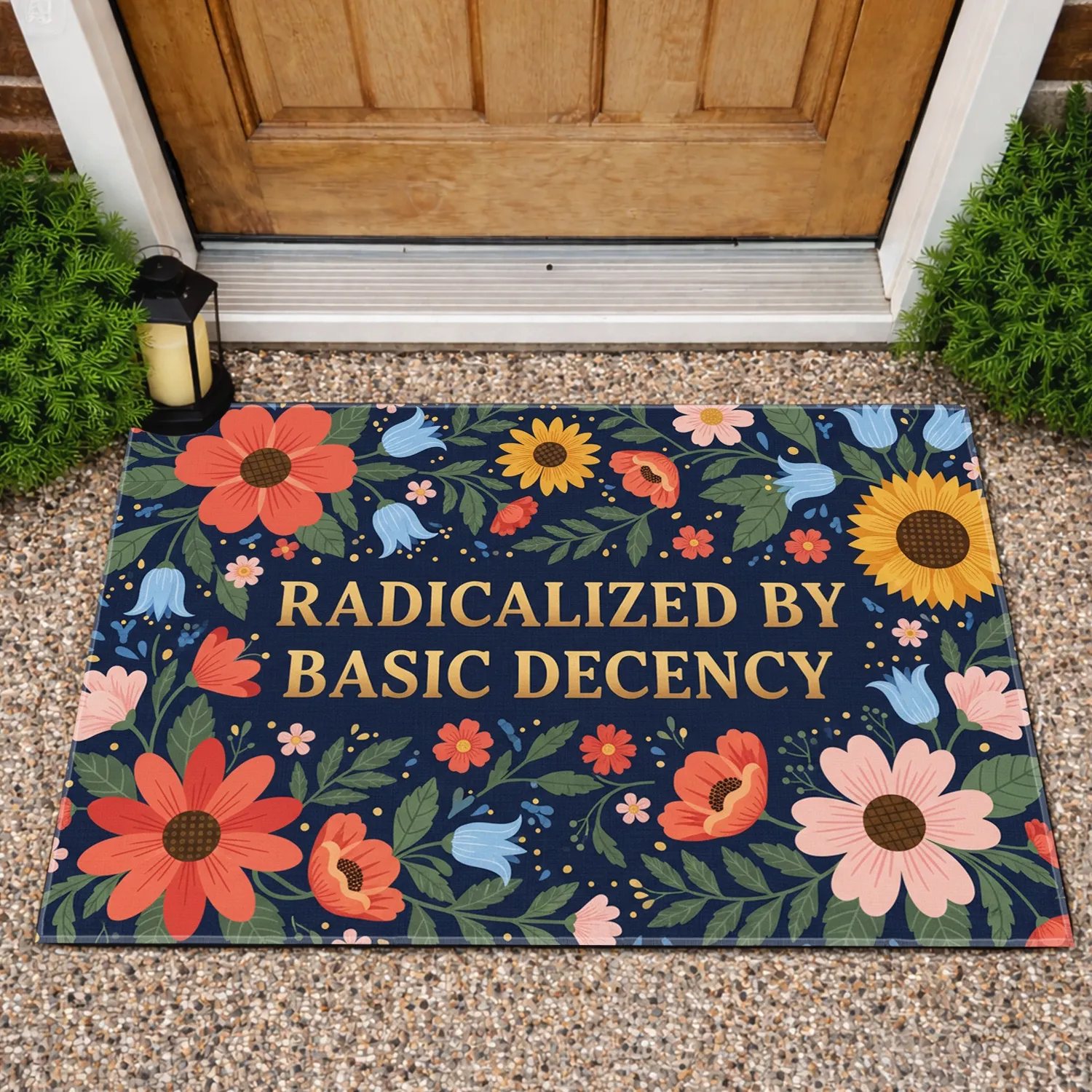 Radicalized Basic Decency Text Folk Art Flowers Lush Foliage - Home Decor Gift Doormat - 1