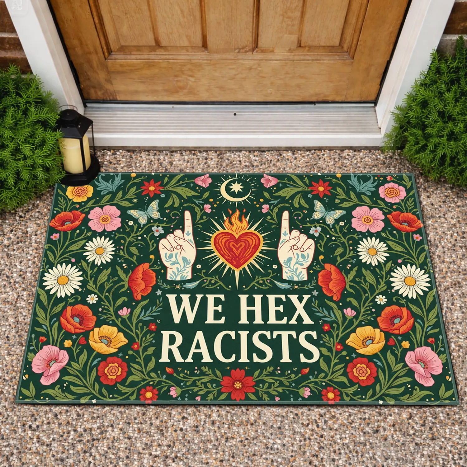 WE HEX RACISTS Flaming Heart Crescent Moon Foliate Hands Flowers Statement Decor Doormat - 1