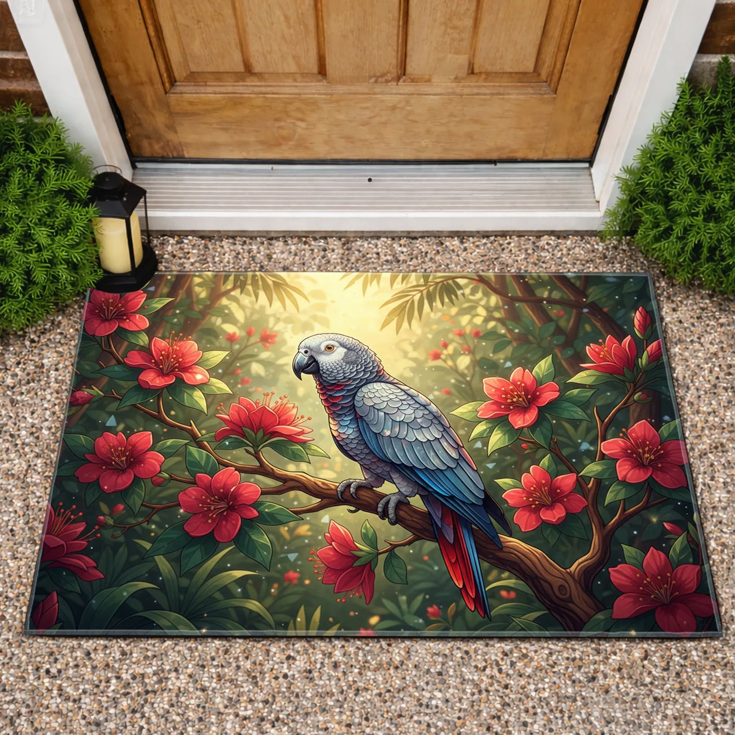 Grey Parrot Stained Glass Flowers Tropical Garden - Home Decor Gift for Bird Lover Doormat - 1