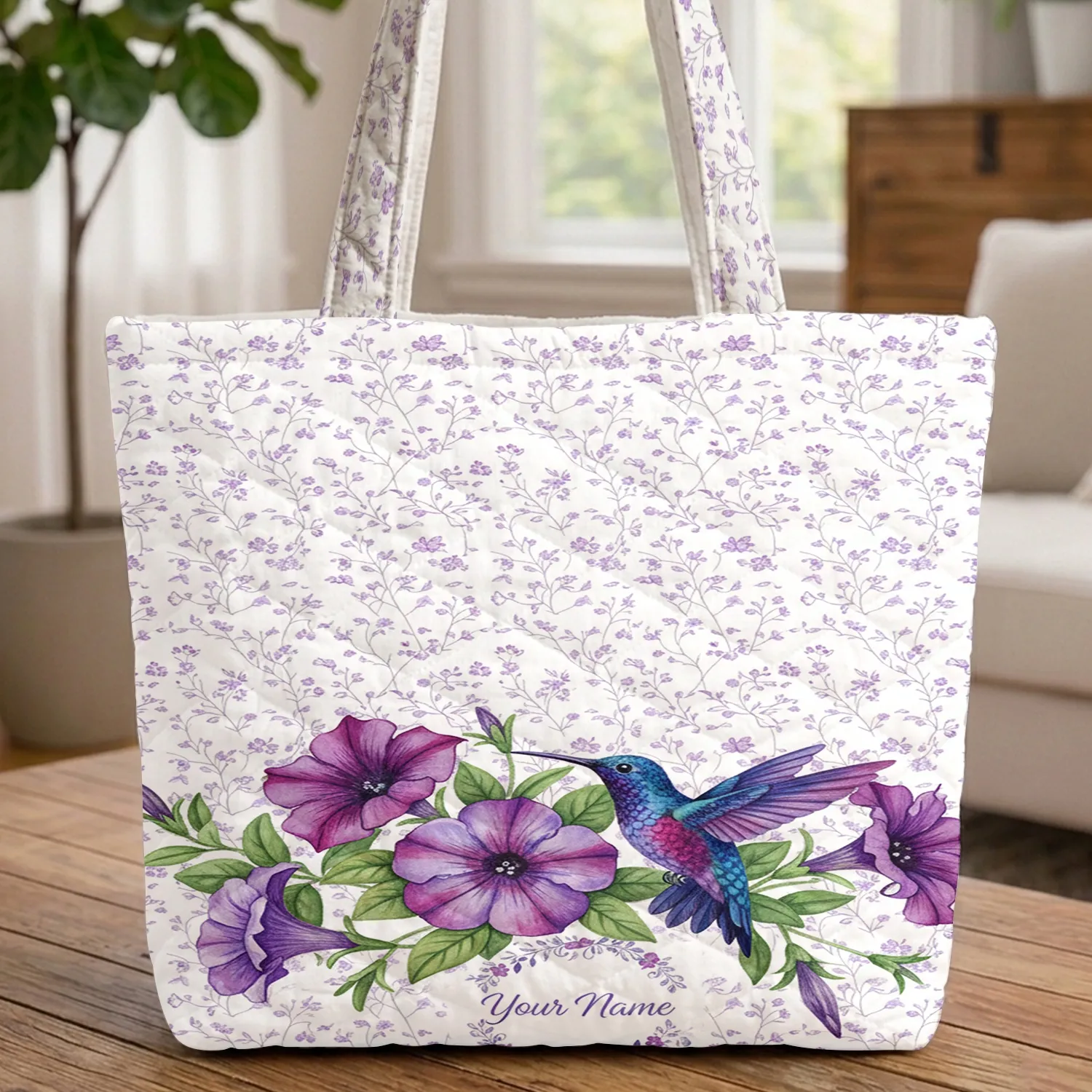 Hummingbird Petunia Vine Blossom Floral Wreath - Nature Inspired Wildlife Gift Quilted Tote Bag - 1