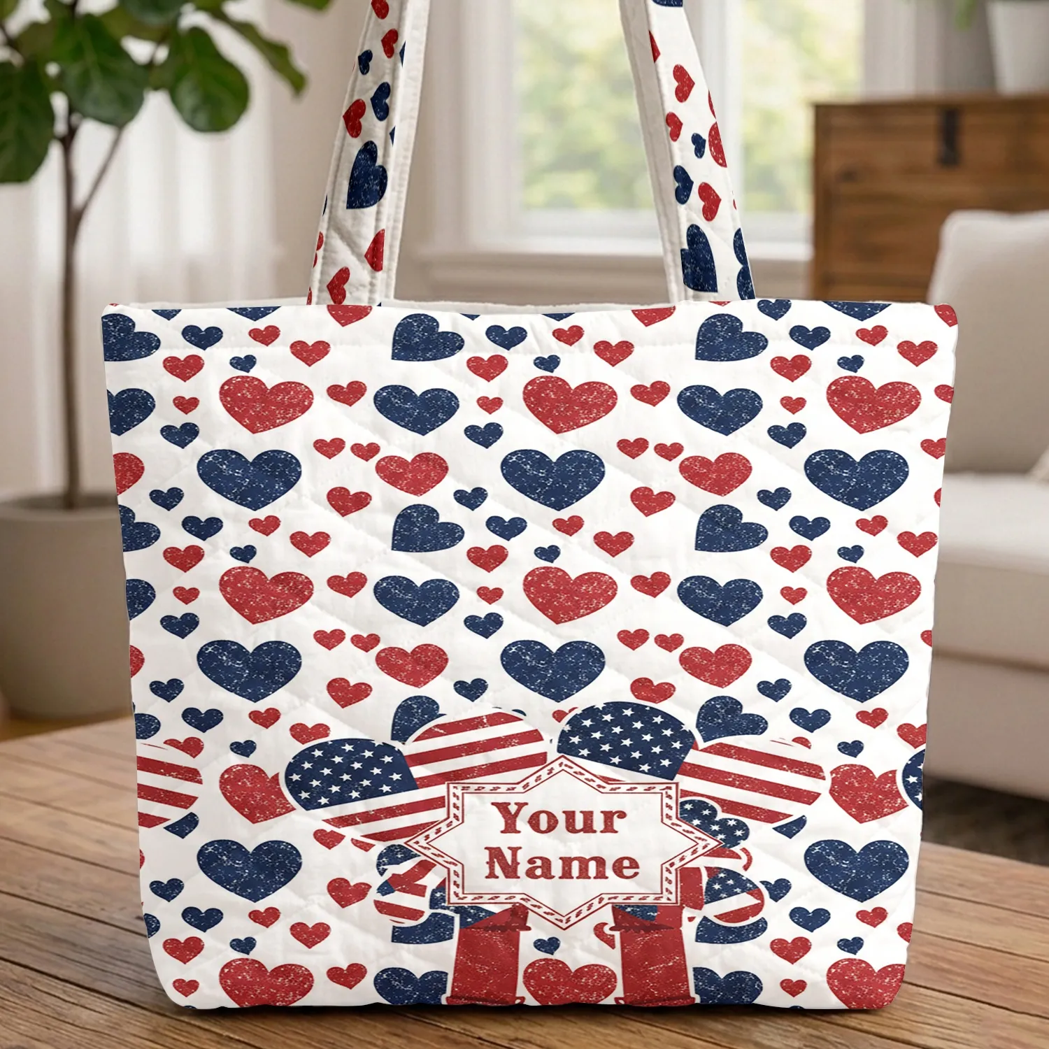 Distressed American Flag Hearts Personalized Star - Independence Day Gift for Flag Lovers Quilted Tote Bag - 1