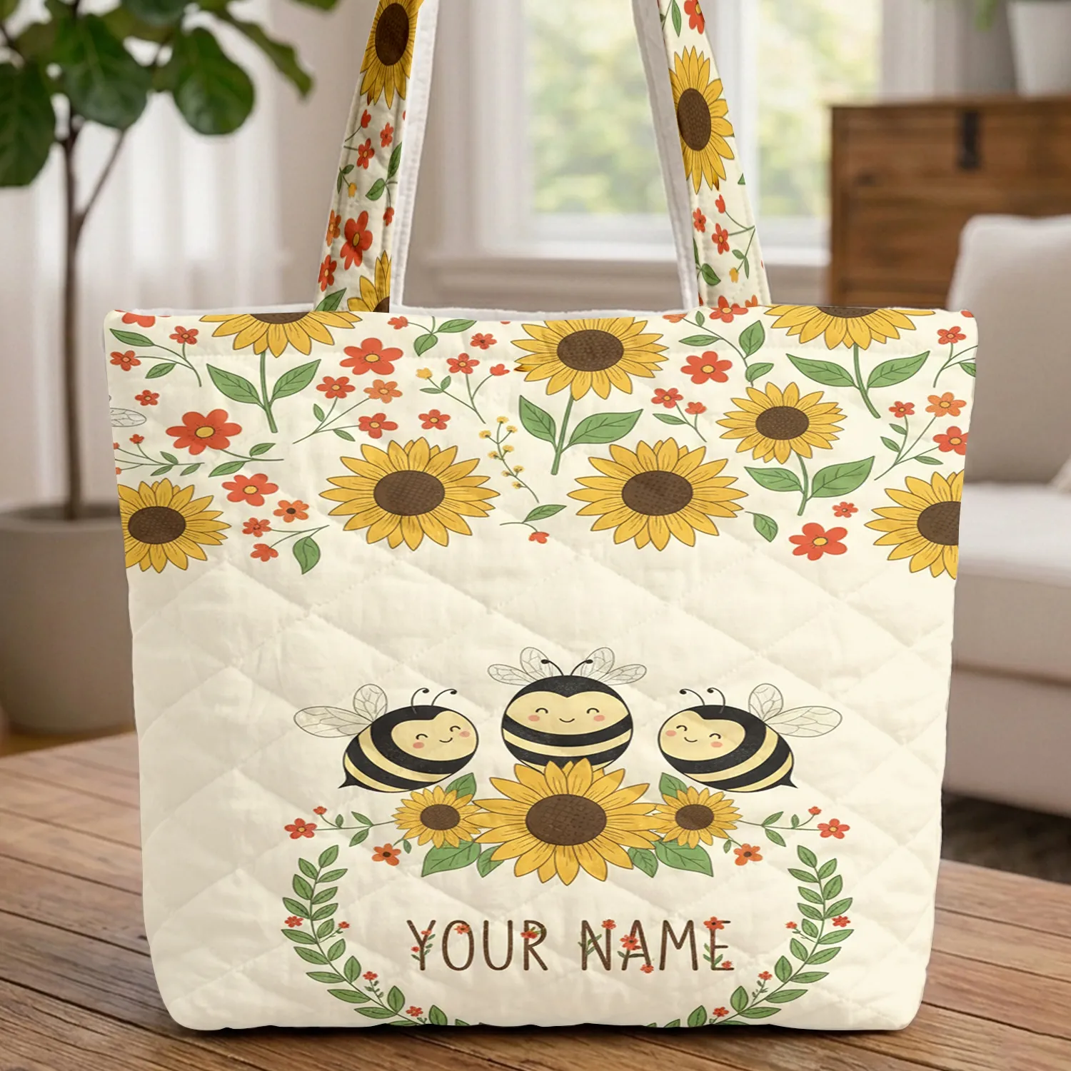 Cartoon Bees Sunflower Wildflower Floral Wreath - Everyday Tote Bee Lover Gift Quilted Tote Bag - 1