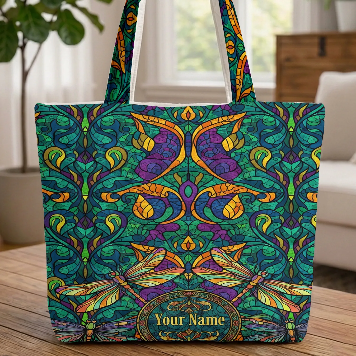 Dragonfly Leaf Swirl Circular Frame - Wildlife Nature Lover Gift Everyday Carry Quilted Tote Bag - 1