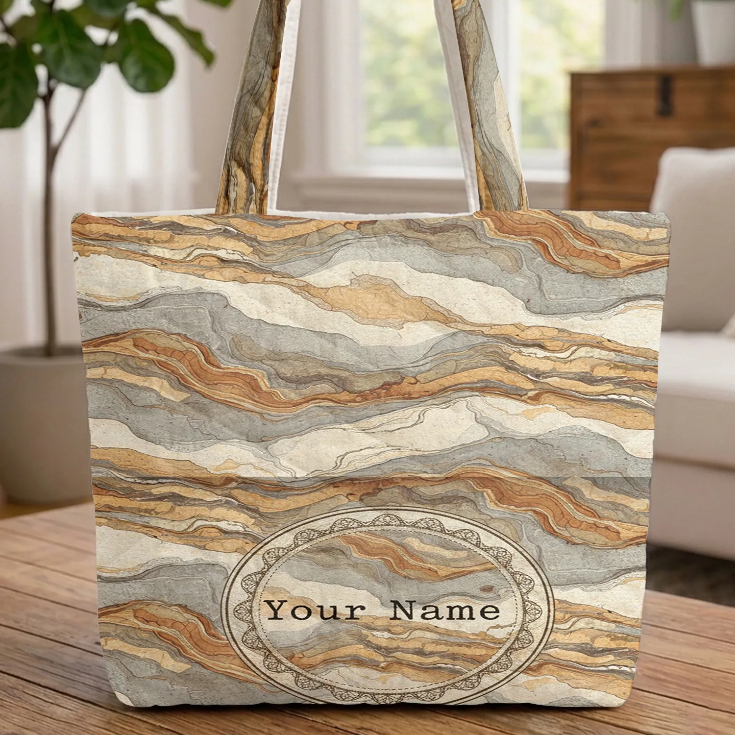 Layered Rock Strata Oval Cartouche - Farmhouse Home Decor Gift Quilted Tote Bag - 1