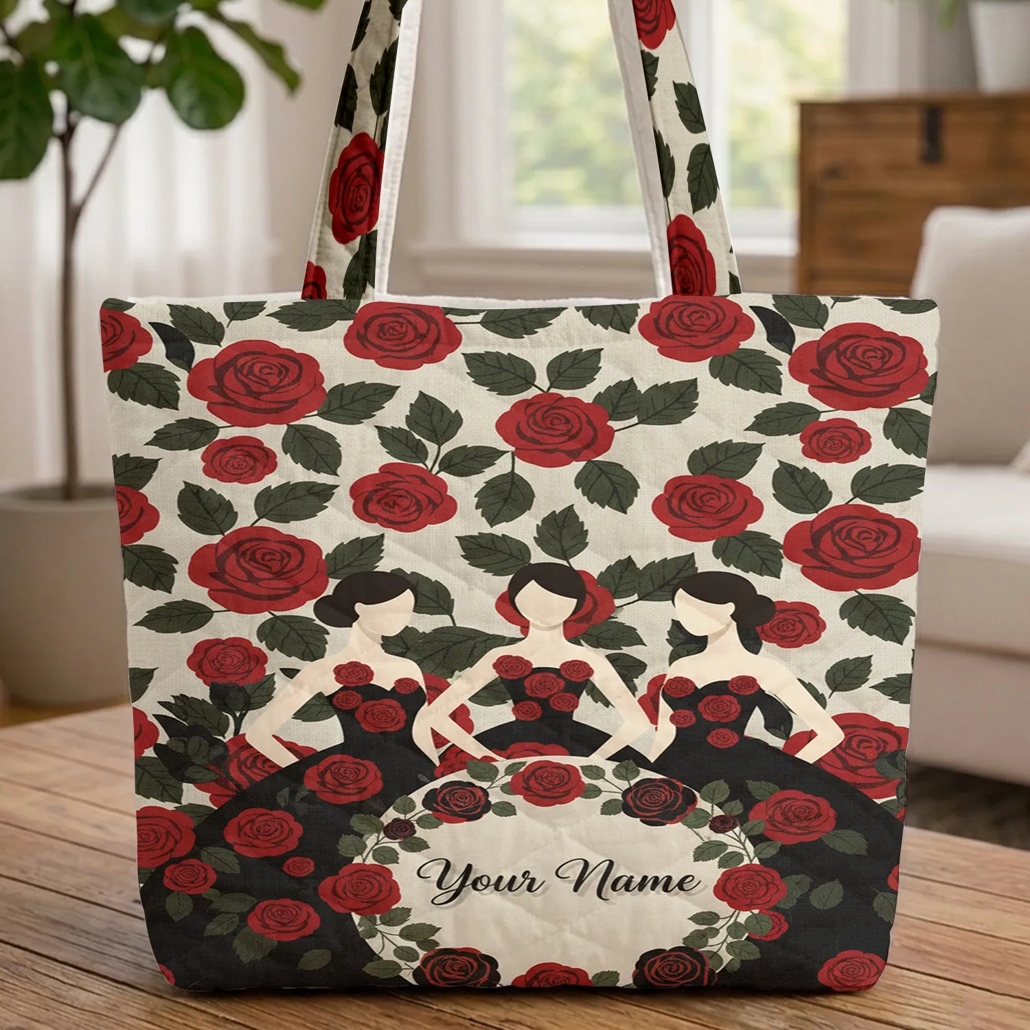 Personalized Red Black Rose Bloom Female Figures Wreath - Rose Lover Gift Quilted Tote Bag - 1