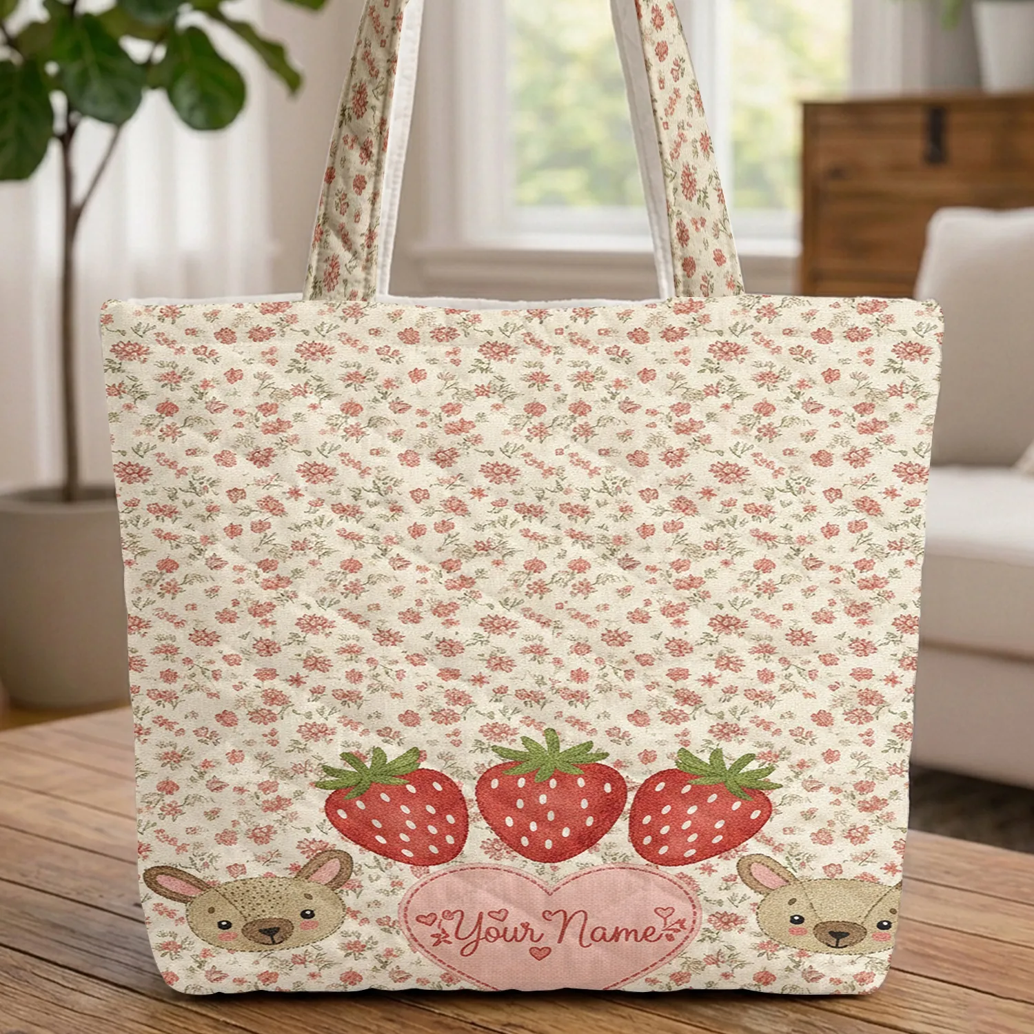 Strawberry Wildflower Heart Name - Garden Lover Gift Quilted Tote Bag - 1