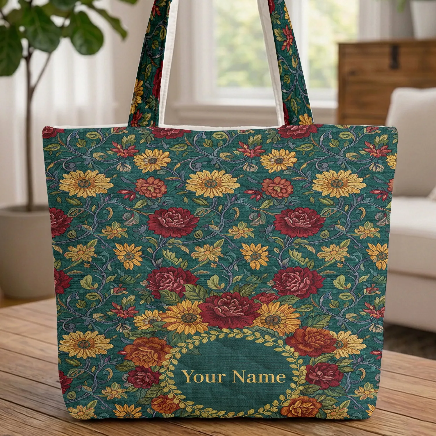 Tapestry Botanical Roses Chrysanthemums Daisies Floral Bouquet Wreath Keepsake Gift Quilted Tote Bag - 1