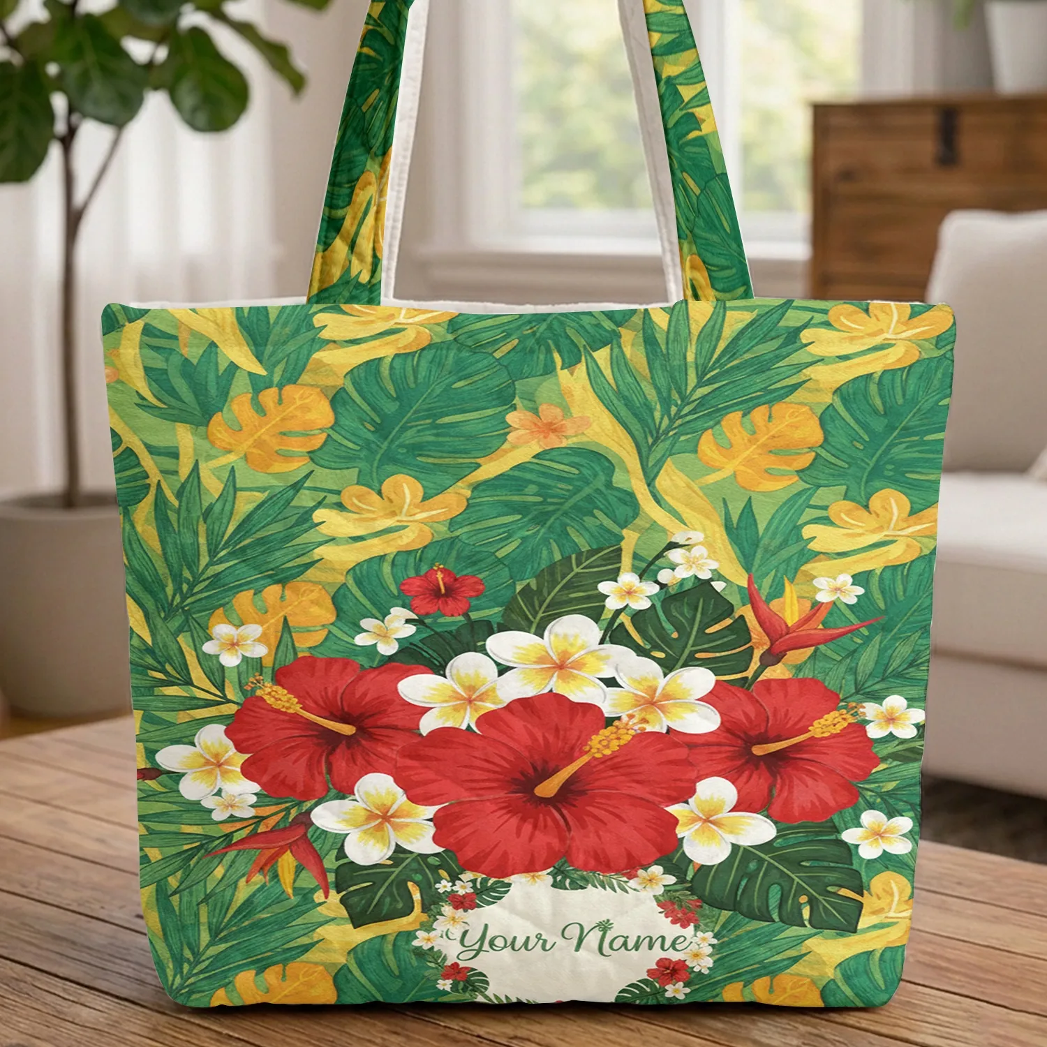 Swirling Tropical Leaves Hibiscus Plumeria Flower Name Wreath Everyday Carry Gift Quilted Tote Bag - 1