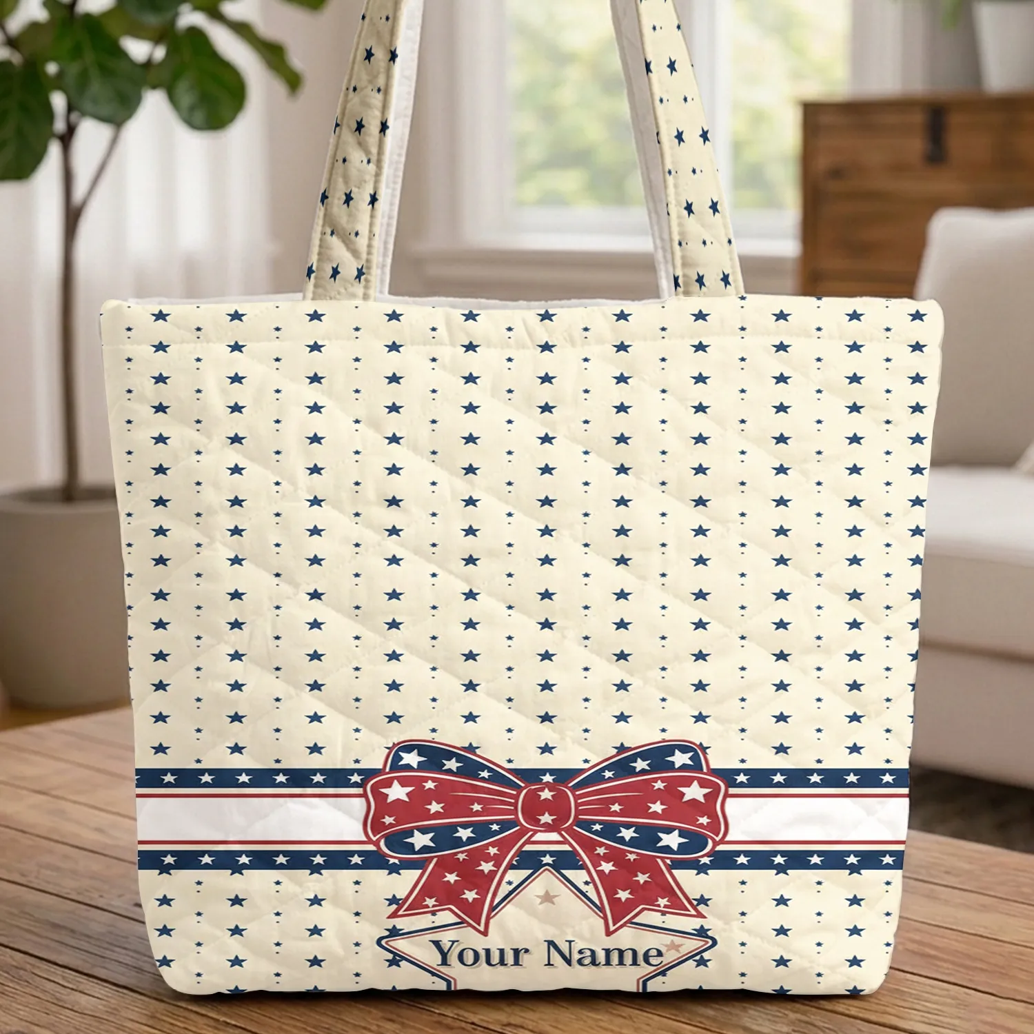 Ornate Patriotic Bow White Stars Panels - Independence Day Gift Quilted Tote Bag - 1