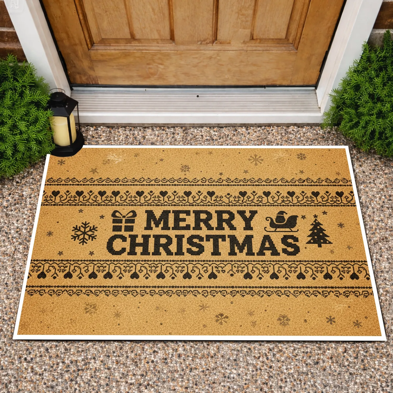 MERRY CHRISTMAS Text Snowflake Sleigh Gift Box Christmas Tree - Holiday Home Decor Doormat - 1