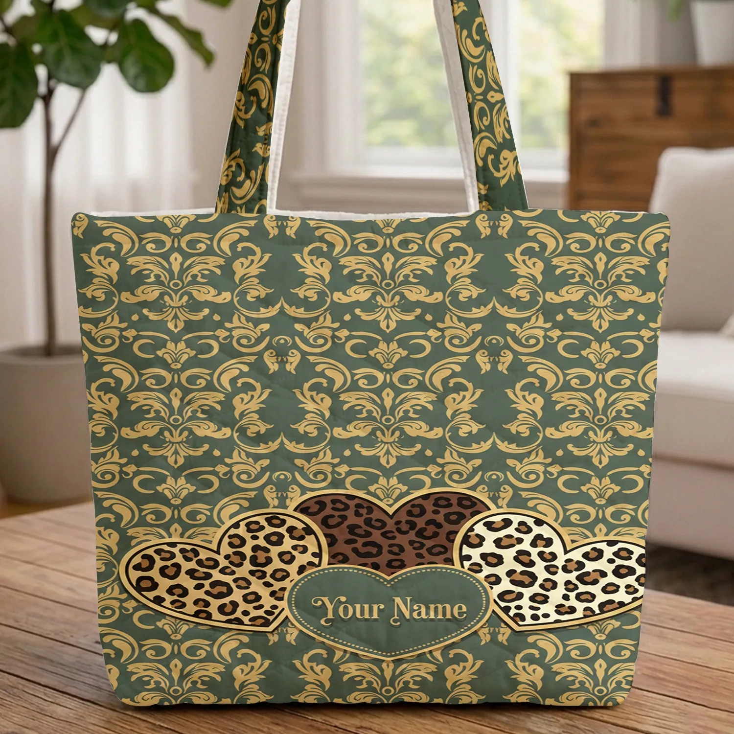 Rococo Floral Damask Leopard Heart - Everyday Tote Gift for Her Quilted Tote Bag - 1