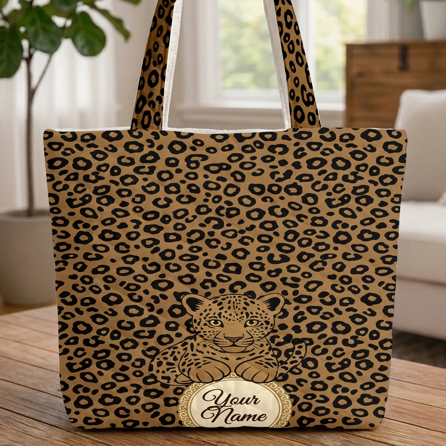 Leopard Cub Leopard Spots Compact Gold Circle Your Name - Wildlife Lover Gift for Everyday Use Quilted Tote Bag - 1