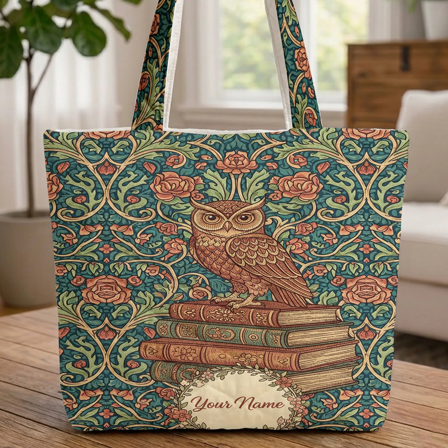 Ornate Owl Antique Books Tudor Rose Floral Wreath - Book Lover Wildlife Gift Quilted Tote Bag - 1