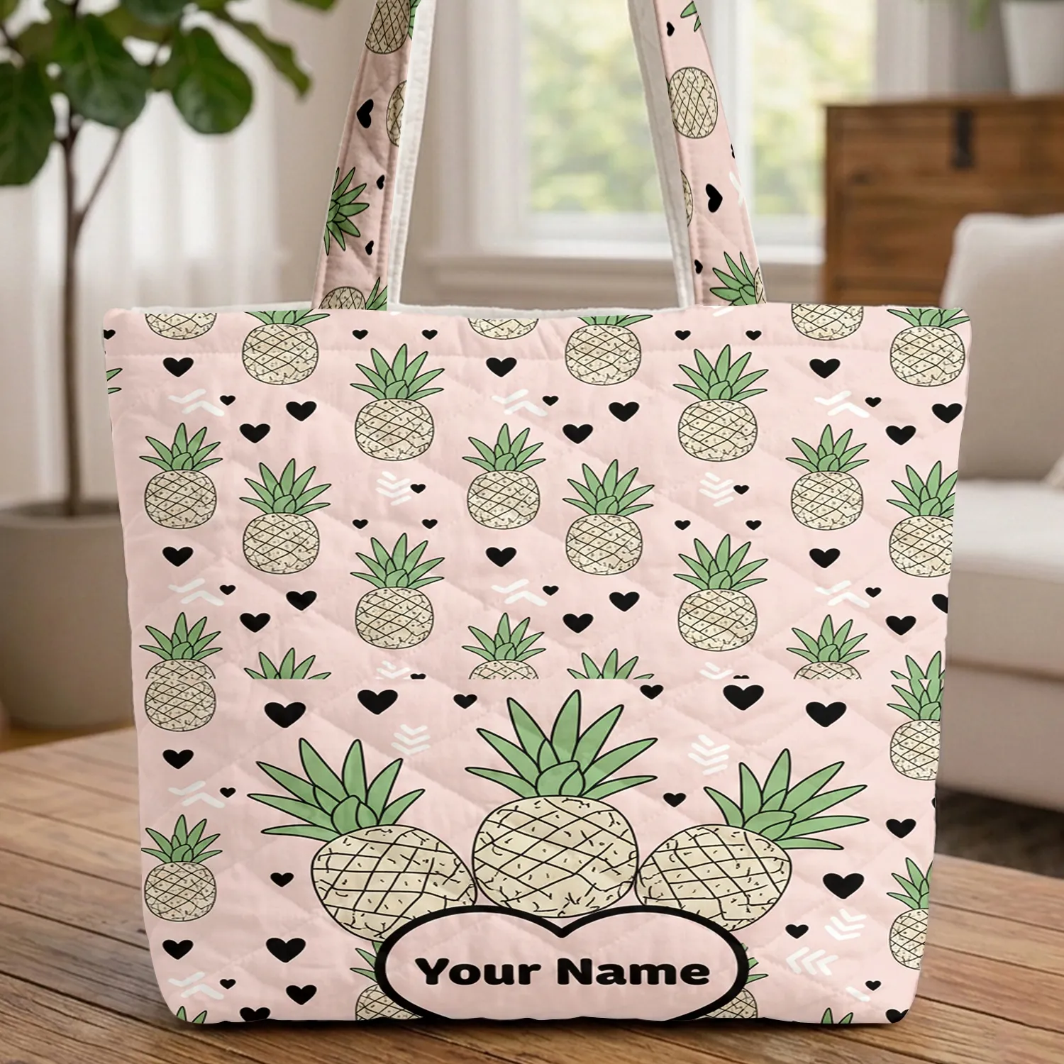 Pineapples Hearts Chevrons Name - Personalized Everyday Gift Quilted Tote Bag - 1
