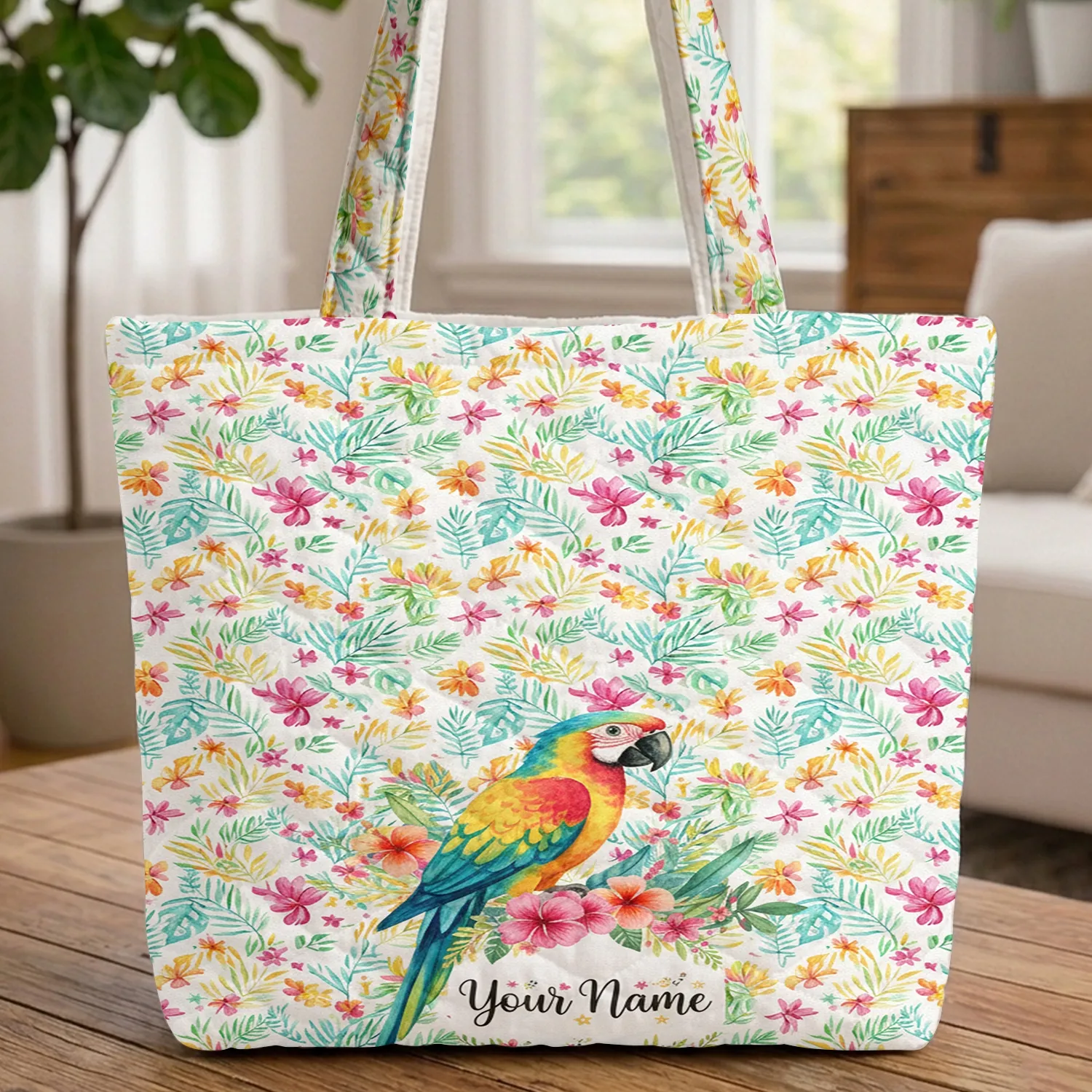 Macaw Parrot Tropical Flowers - Everyday Tote Wildlife Lover Gift for Parrot Lover Quilted Tote Bag - 1