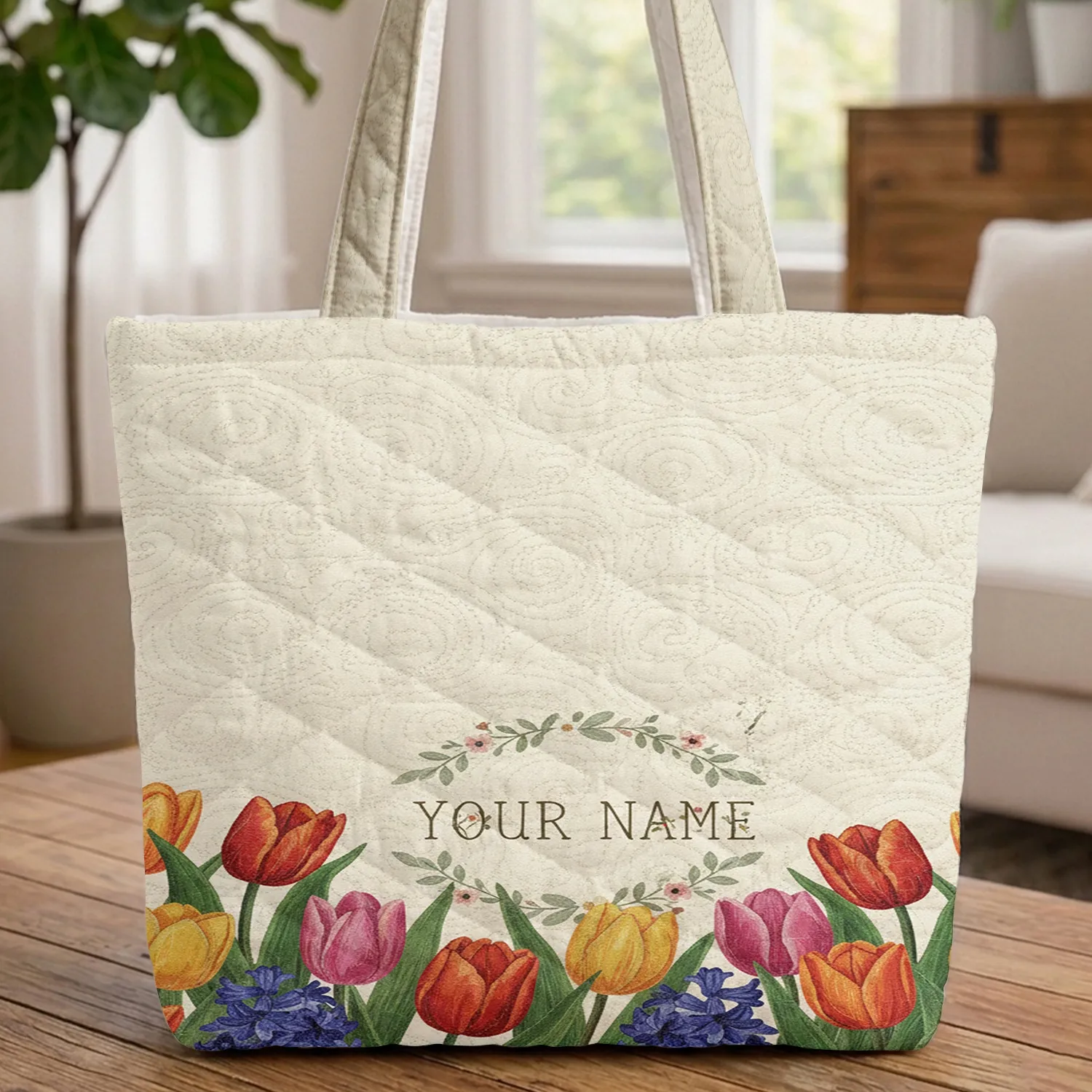 Colorful Tulips Hyacinths Your Name Floral Wreath - Everyday Tote Gift Quilted Tote Bag - 1