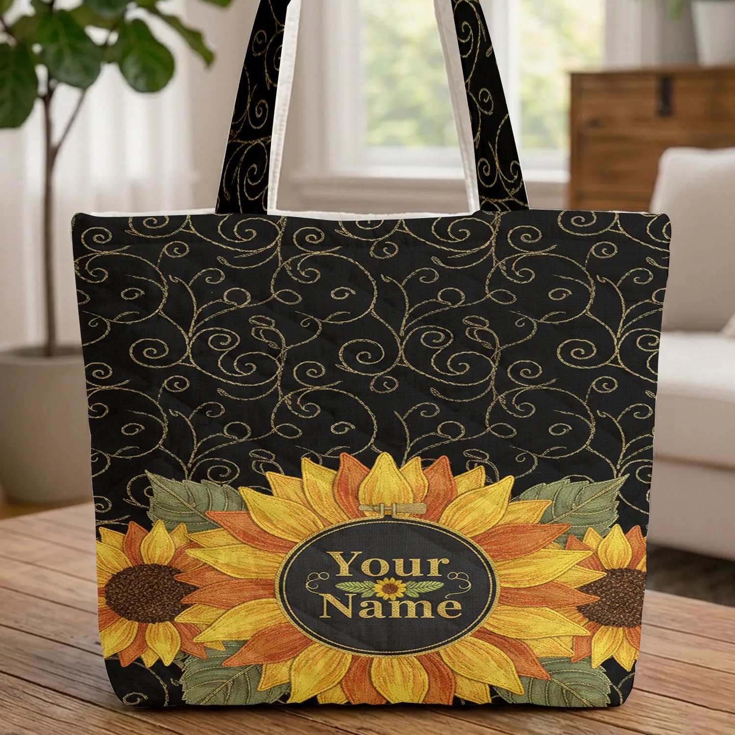 Delicate Swirling Gold Vine Embroidery Ornate Sunflowers Leaves - Everyday Gift Quilted Tote Bag - 1