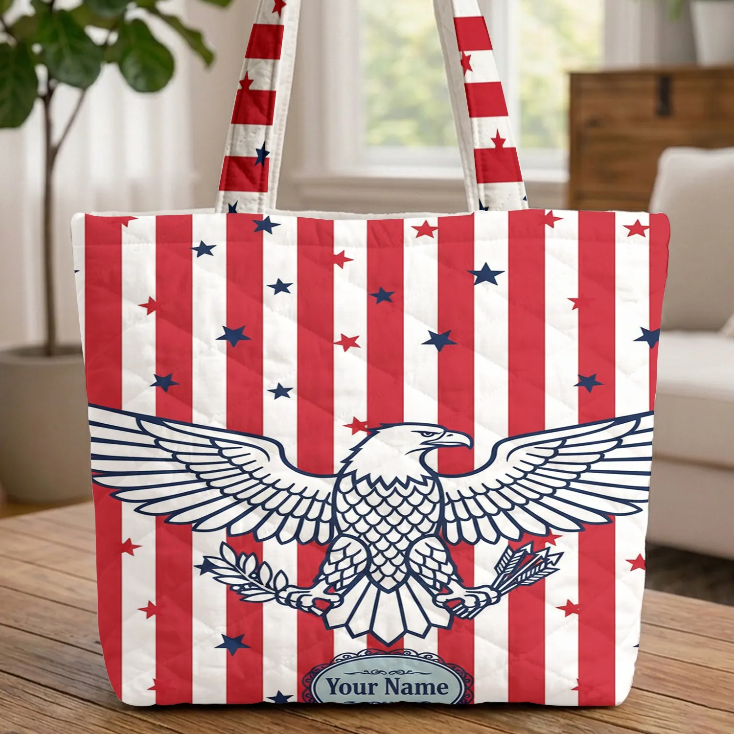 Bald Eagle American Flag Independence Day Wildlife Lover Holiday Gift for Veterans Quilted Tote Bag - 1