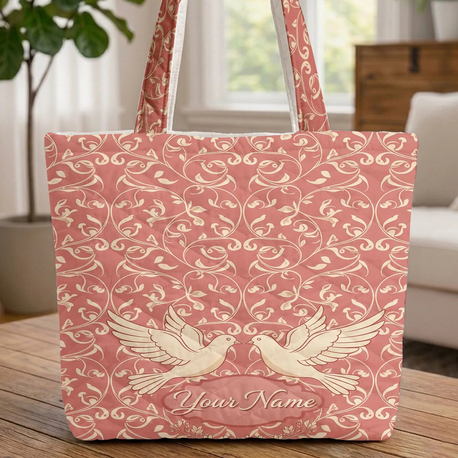 Doves Floral Wreath Scrolling Vines Personalized Name - Keepsake Quilted Tote Bag - 1