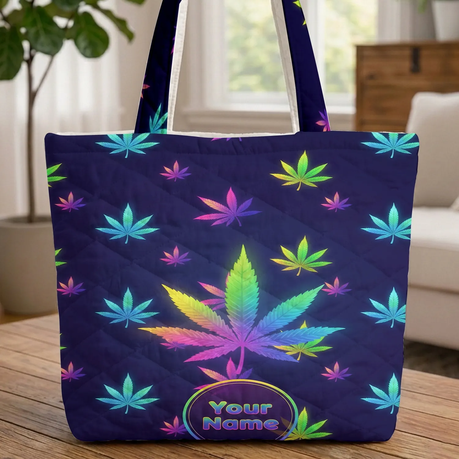 Glow Neon Rainbow Iridescent Cannabis Leaves Gradient - Everyday Use Gift for Friend Quilted Tote Bag - 1