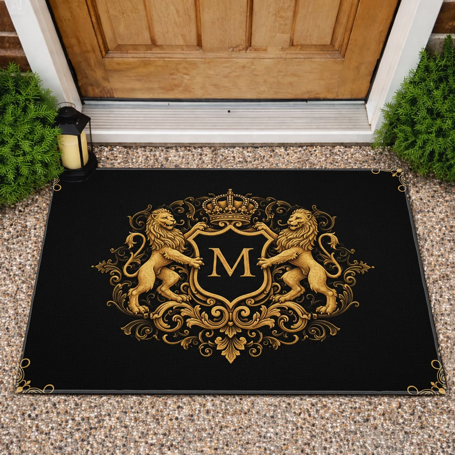 Golden Cork Rampant Lions Crown Custom Text Shield Heraldic Crest - Home Decor Gift Doormat - 1
