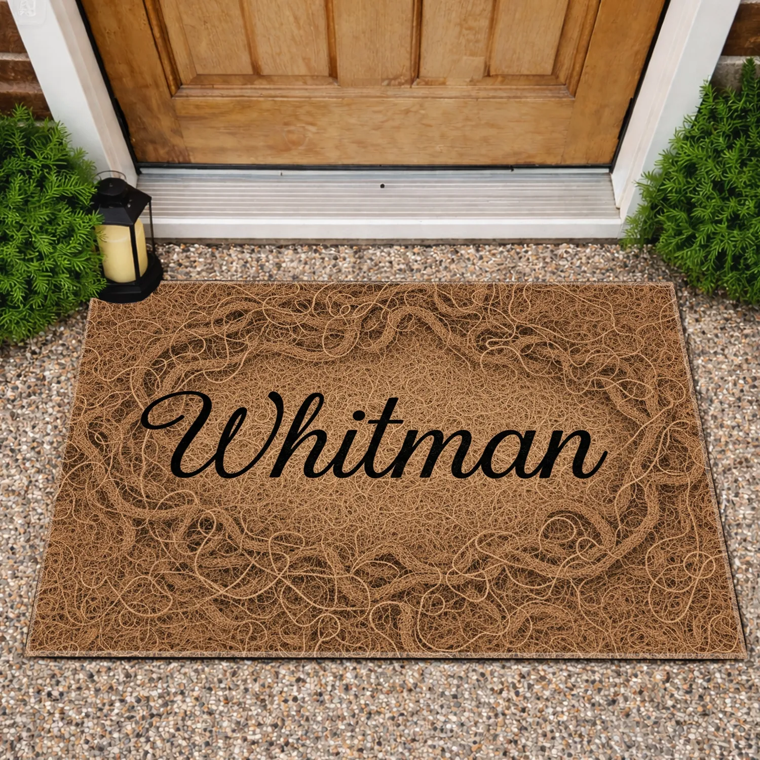 Custom Name Flowing Black Script Dense Organic Woven Pattern Mat - Home Decor Gift Doormat - 1