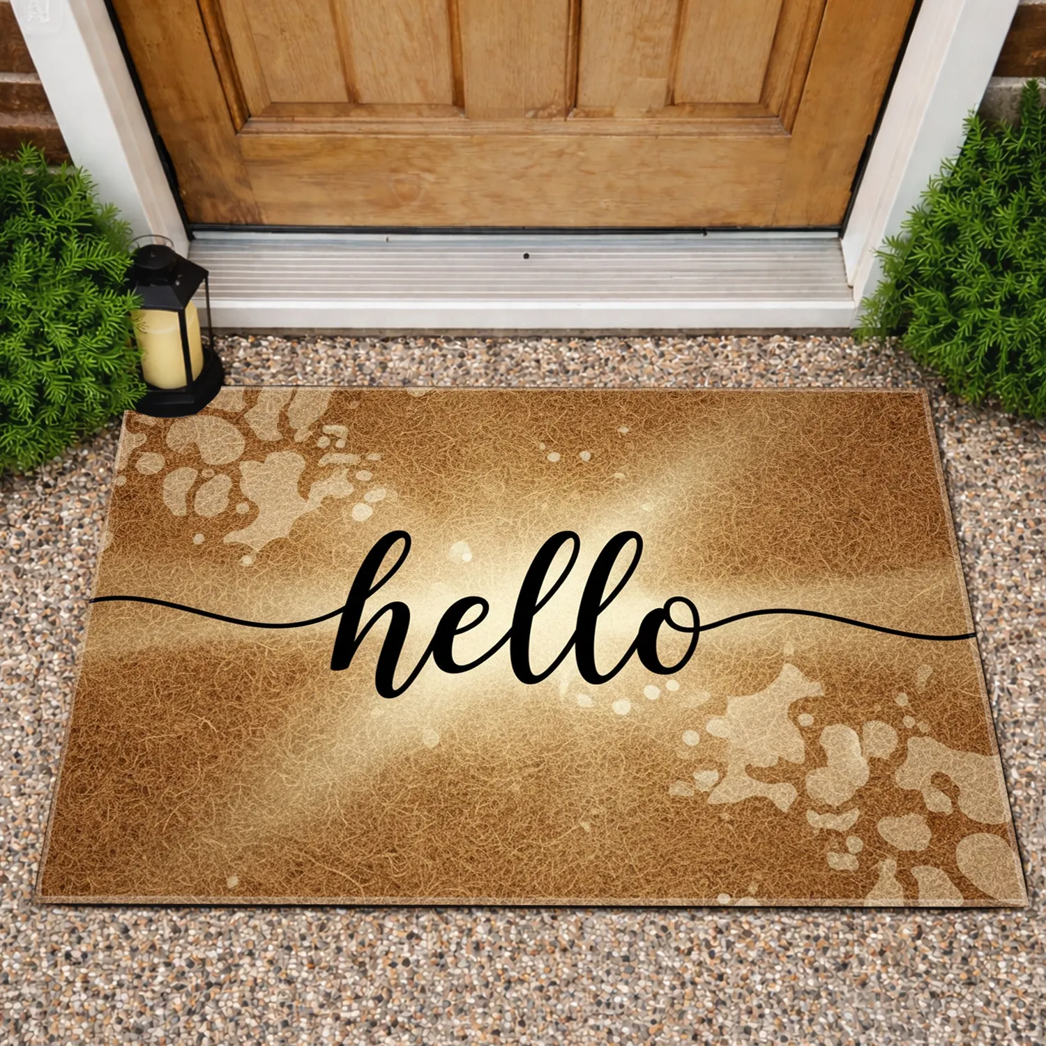 Flowing Hello Script Black Natural Texture Front Door Welcome Decor Doormat - 1