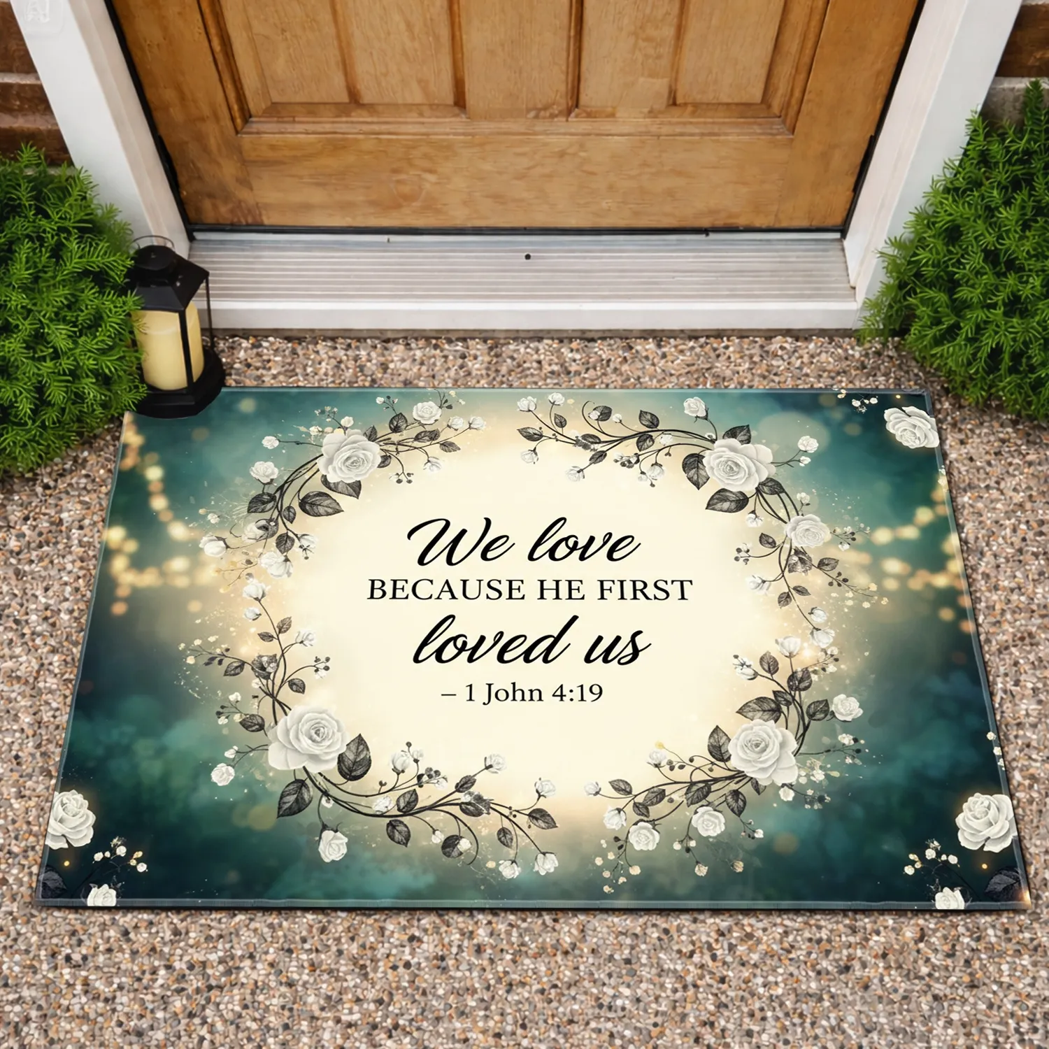Bible Verse 1 John 4:19 Floral Vines - Christian Home & Garden Decor Doormat - 1