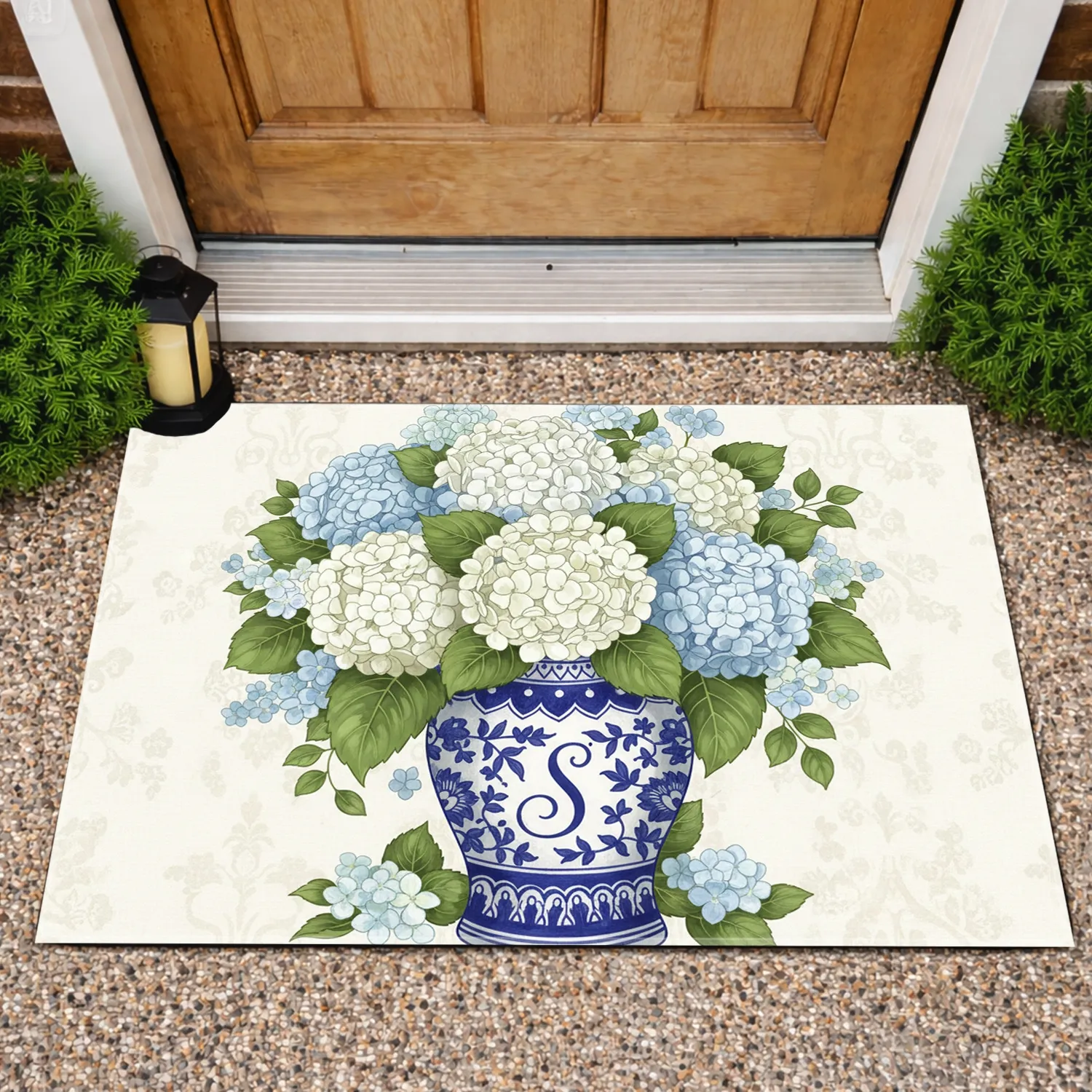 Chinoiserie Ginger Jar Hydrangea Bouquet Custom Letter Monogram Green Leaves - Home Decor Gift Doormat - 1