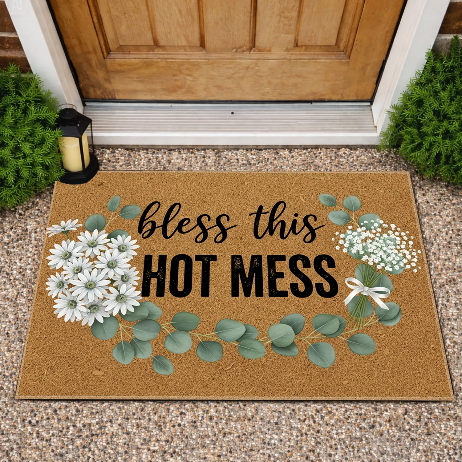 Bless This Hot Mess Eucalyptus Daisy Baby's Breath Floral - Home Decor Gift Doormat - 1
