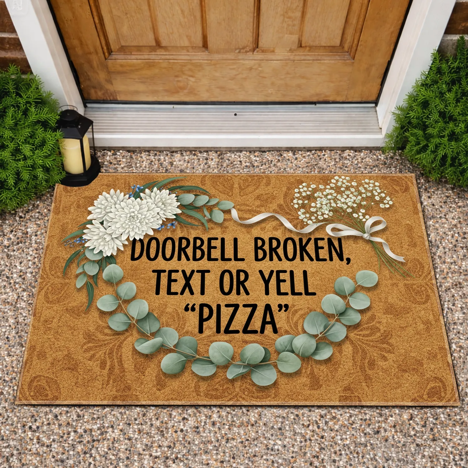 Funny Doorbell Broken Text Pizza Message Eucalyptus Baby's Breath Home Entry Decor Doormat - 1