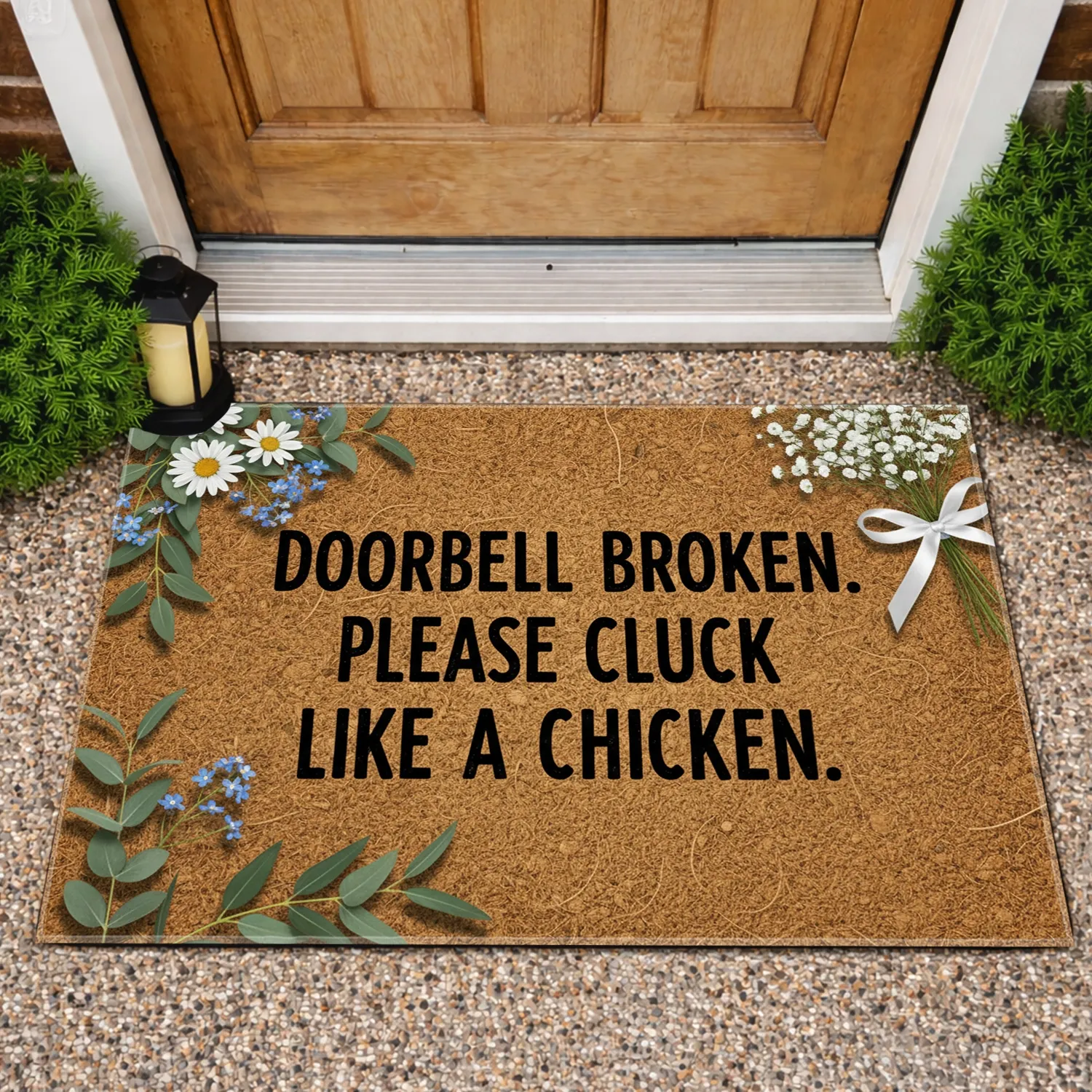 Cluck Like Chicken Doorbell Message with Eucalyptus Daisies - Funny Home Welcome for Chicken Lovers Doormat - 1