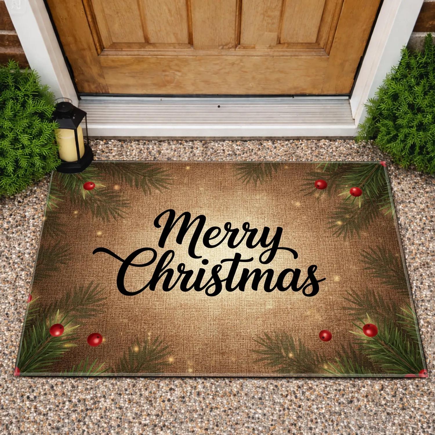 Merry Christmas Evergreen Holly - Christmas Holiday Decor Doormat - 1