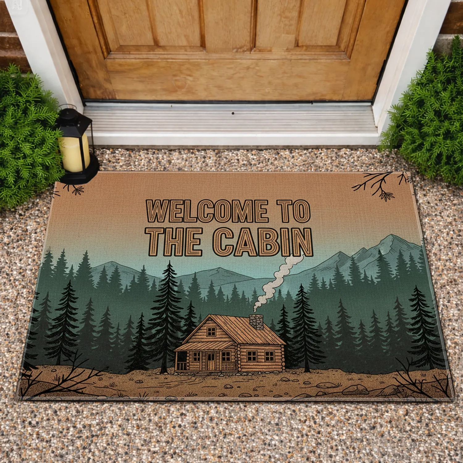 WELCOME TO THE CABIN Rustic Log Cabin Forest Scene - Home Decor Gift Doormat - 1