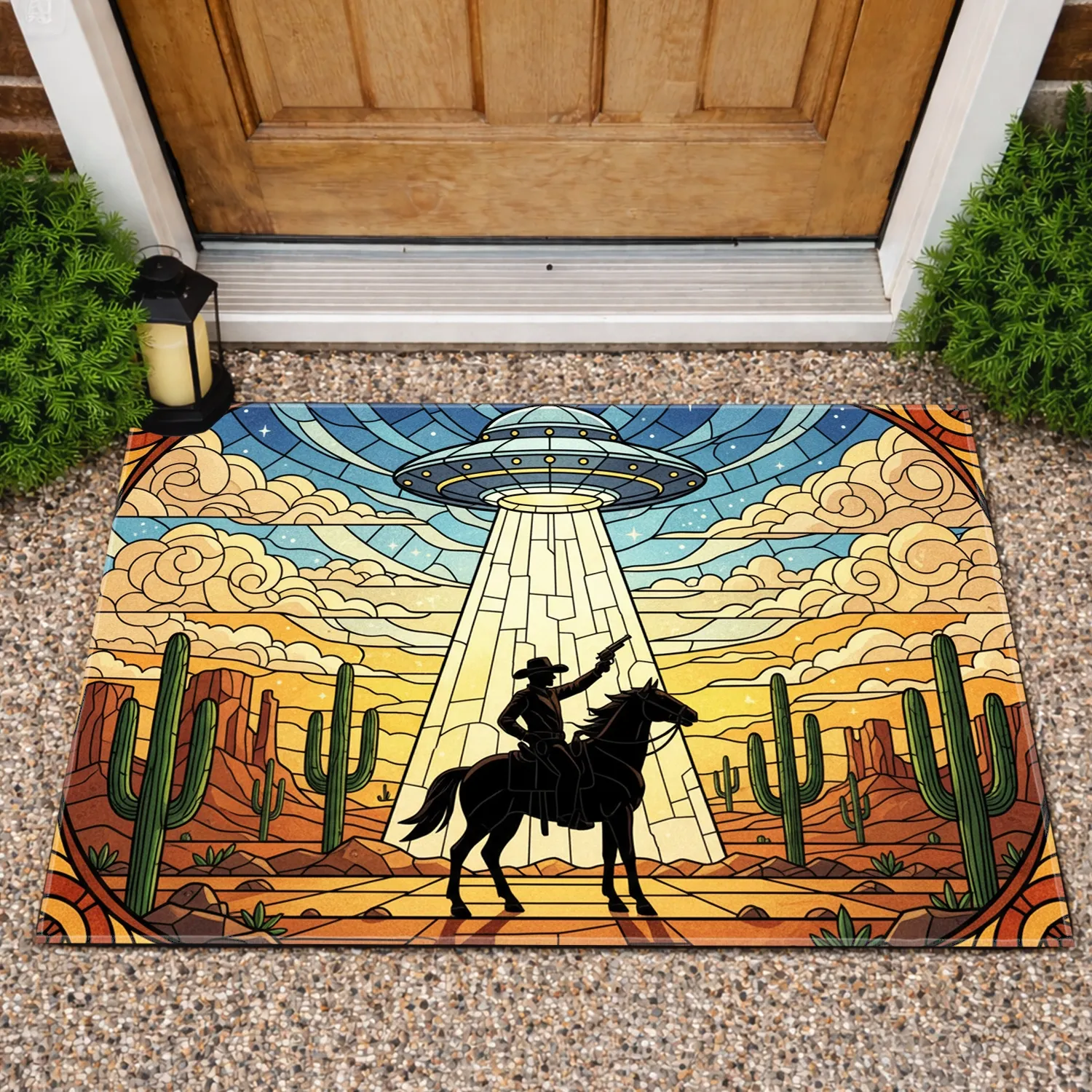 Stained Glass Cowboy Flying Saucer Desert Landscape Home Decor Gift Doormat - 1