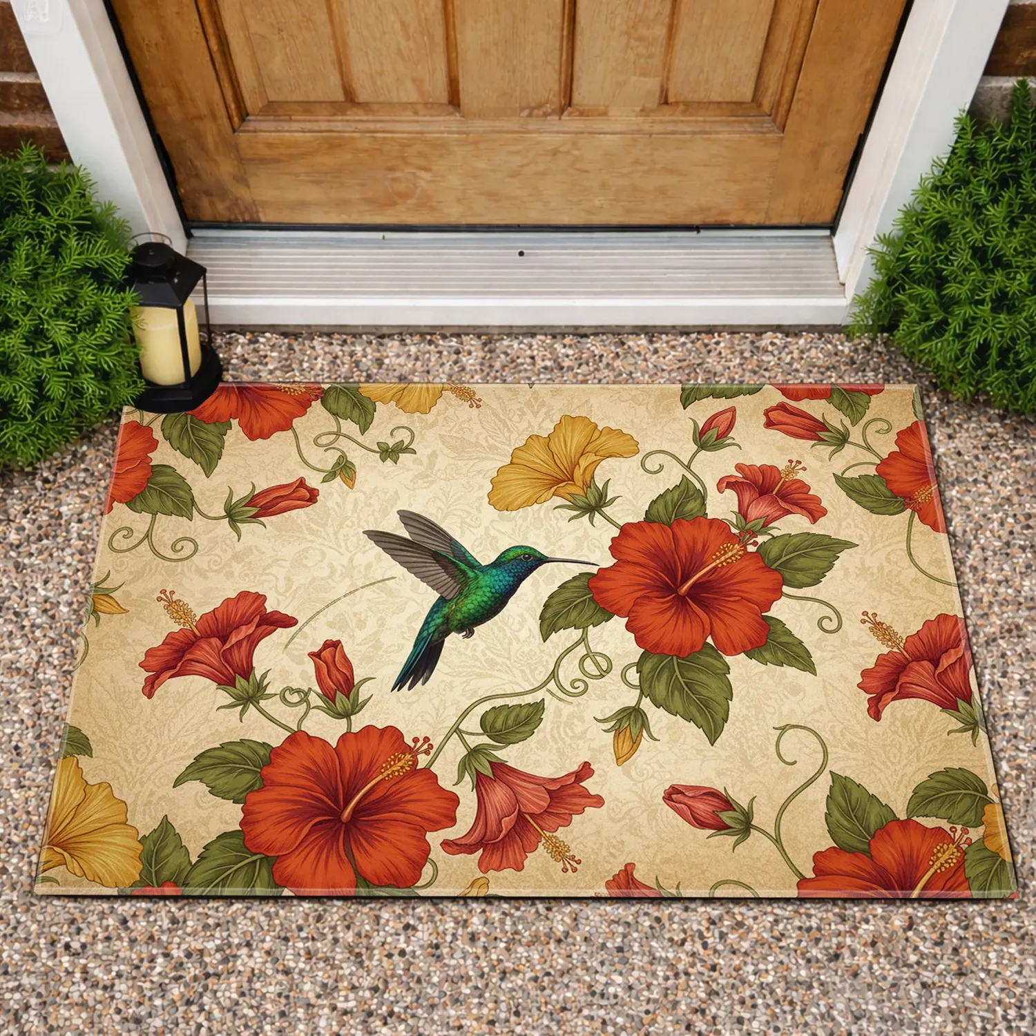 Emerald Hummingbird Hibiscus Flowers Vintage Botanical - Home Decor Gift for Nature Lover Doormat - 1