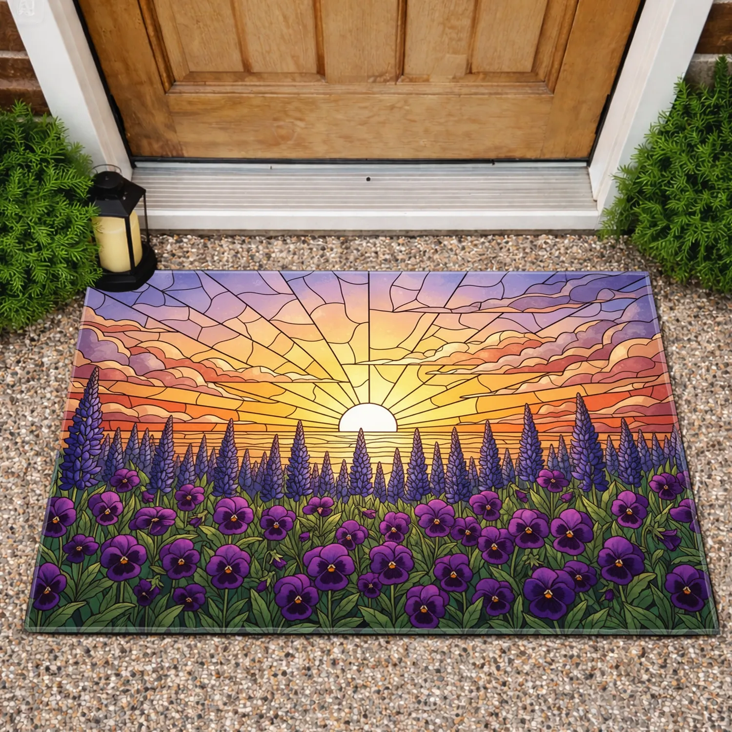 Purple Pansies Indigo Lupine Spires Flower Field Stained Glass Sunset - Home Decor Gift Doormat - 1