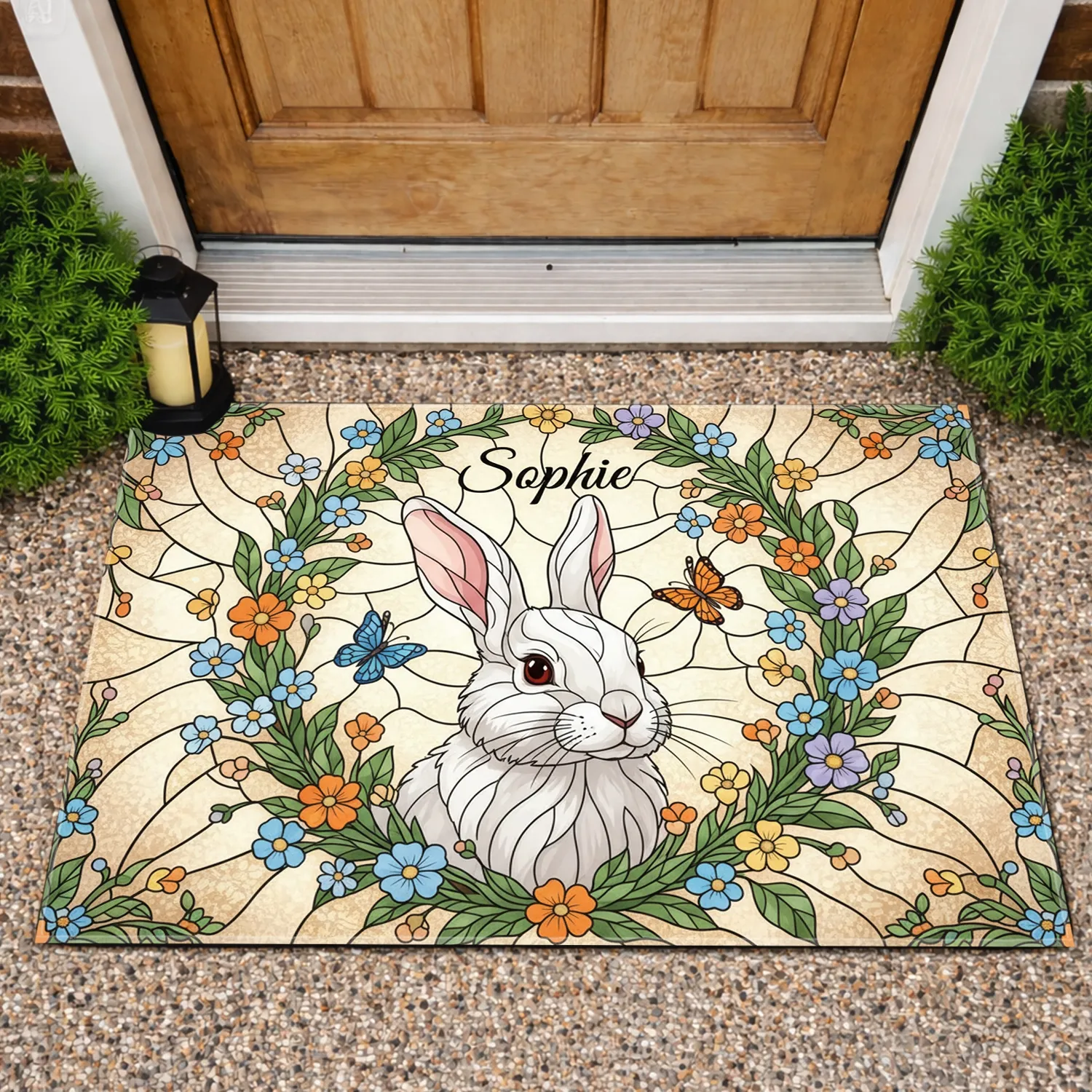 Custom Name White Rabbit Sophie Stained Glass - Spring Home Decor Gift Doormat - 1