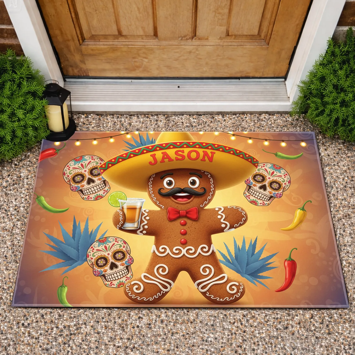 Gingerbread Man Sombrero Jason - Personalized Mexican Fiesta Party Gift Doormat - 1