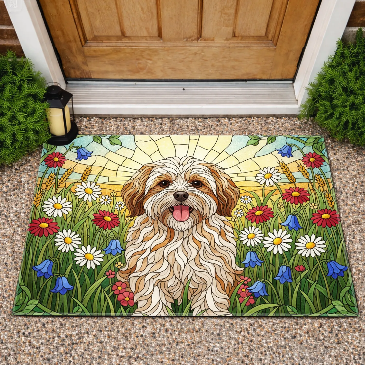 Fluffy Maltese Dog Sunny Wildflower Meadow - Dog Lover Home Decor Gift Doormat - 1
