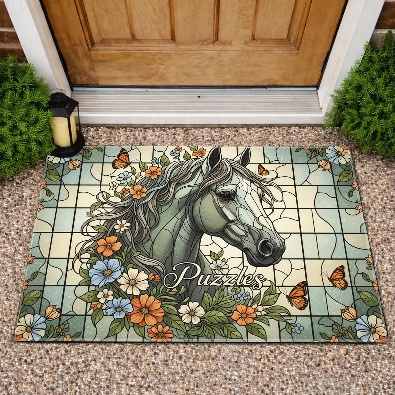 Custom Name Stained Glass Horse Head Wildflower Puzzles - Home Decor Gift for Horse Lover Doormat - 1