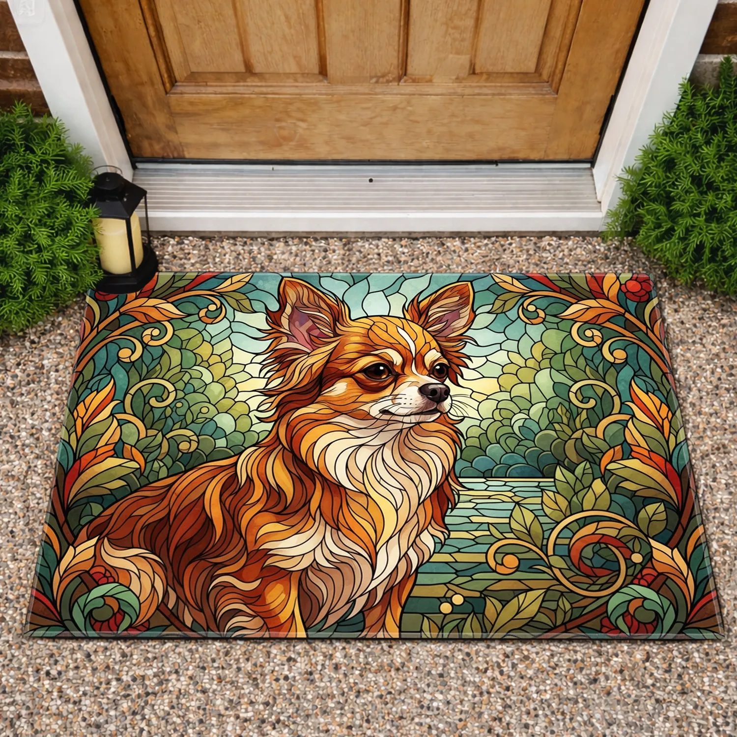 Chihuahua Dog Stained Glass Garden Foliage - Dog Lover Home Decor Gift Doormat - 1
