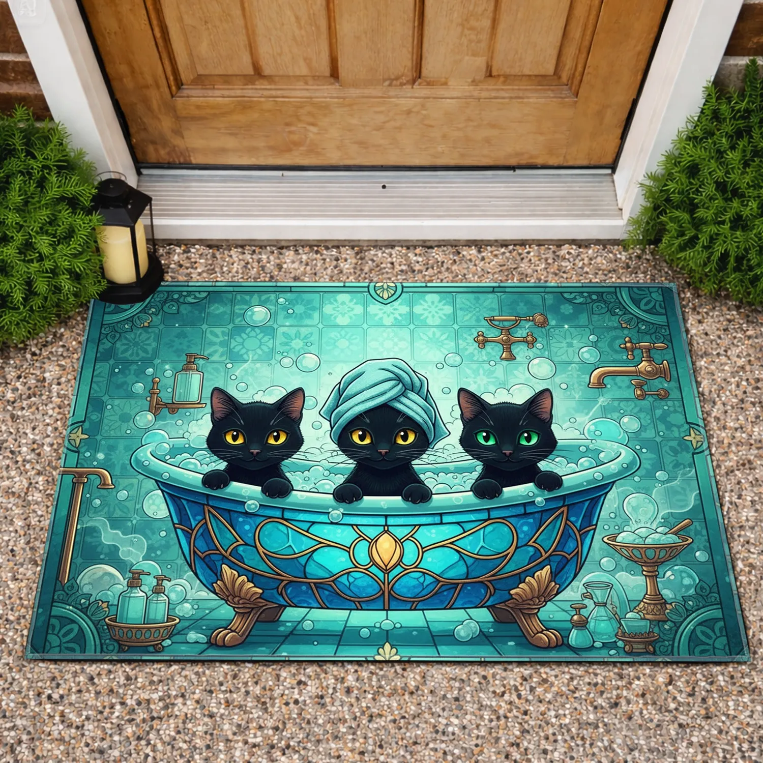 Black Cats Turban Clawfoot Bathtub Spa Relaxation Home Decor Gift Cat Lover Doormat - 1