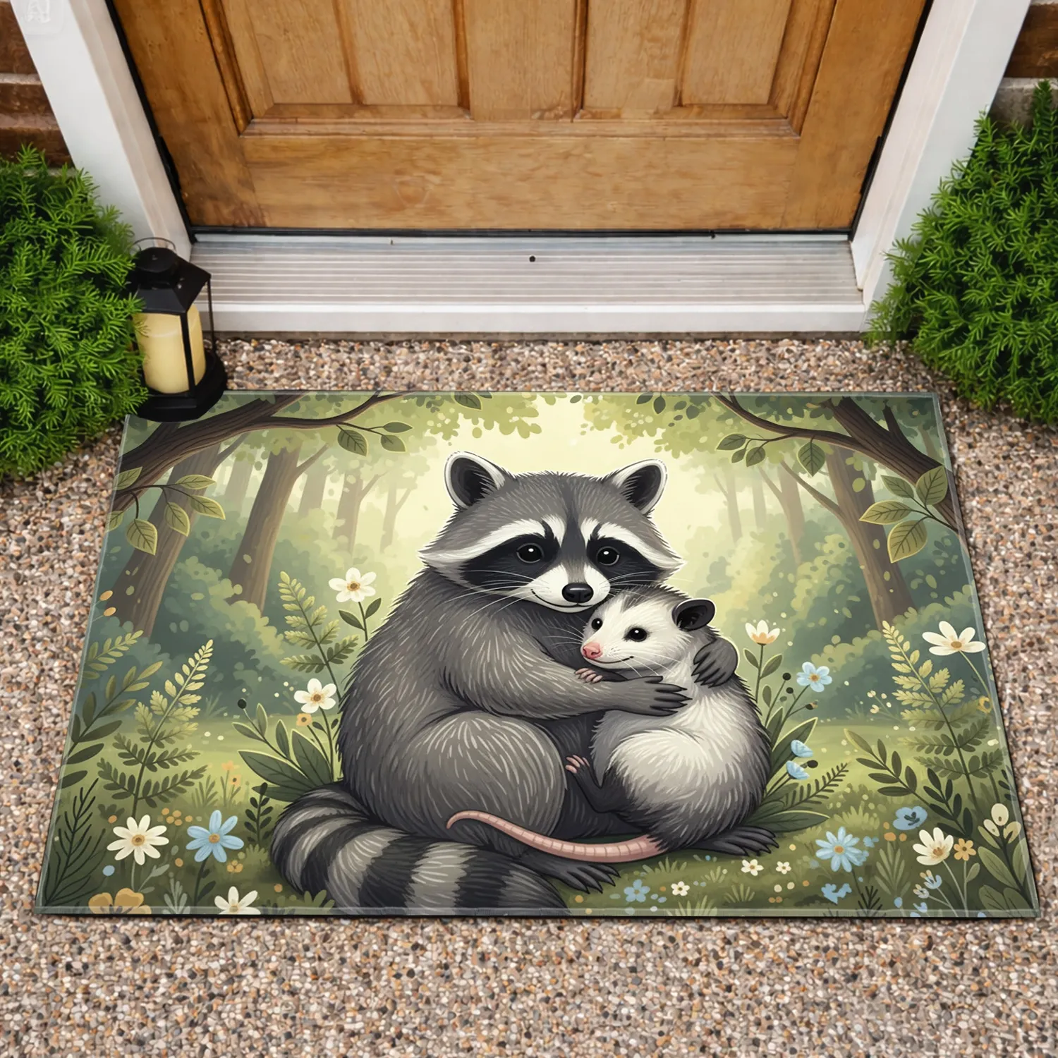 Grey Raccoon Opossum Wildlife Forest Glade Wildflowers - Animal Lover Home Decor Gift Doormat - 1