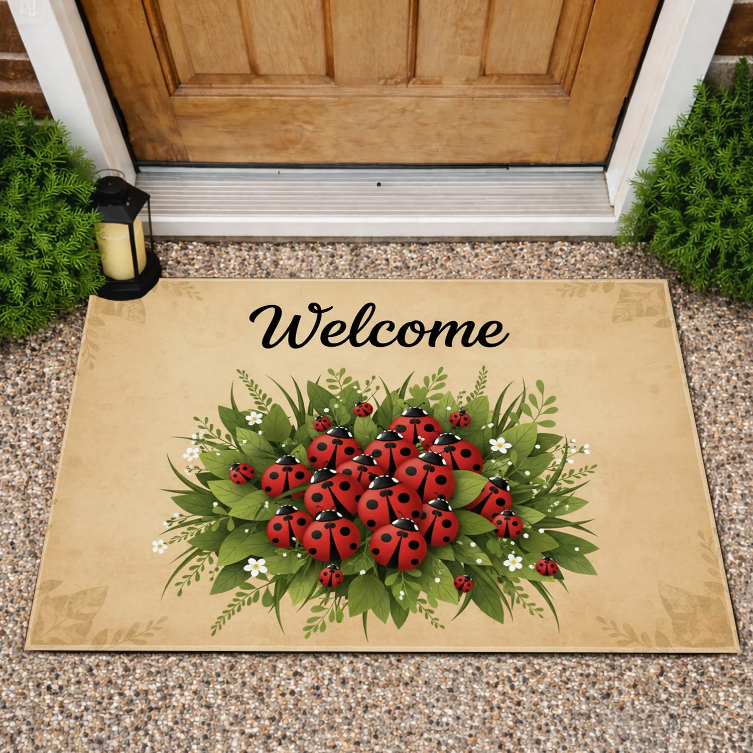 Welcome Script Ladybug Green Foliage - Everyday Outdoor Decor Gift Doormat - 1