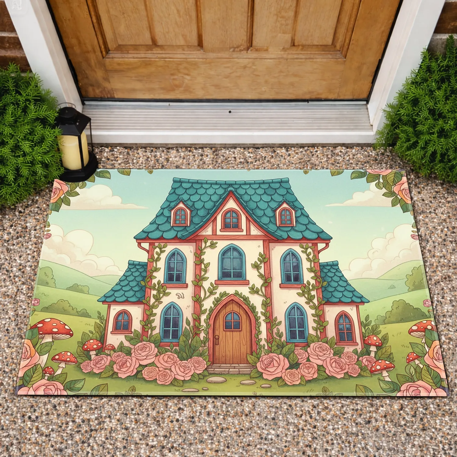 Two Story House Teal Scalloped Roof Roses Mushrooms Pastel Clouds - Home Decor Gift for Garden Lover Doormat - 1