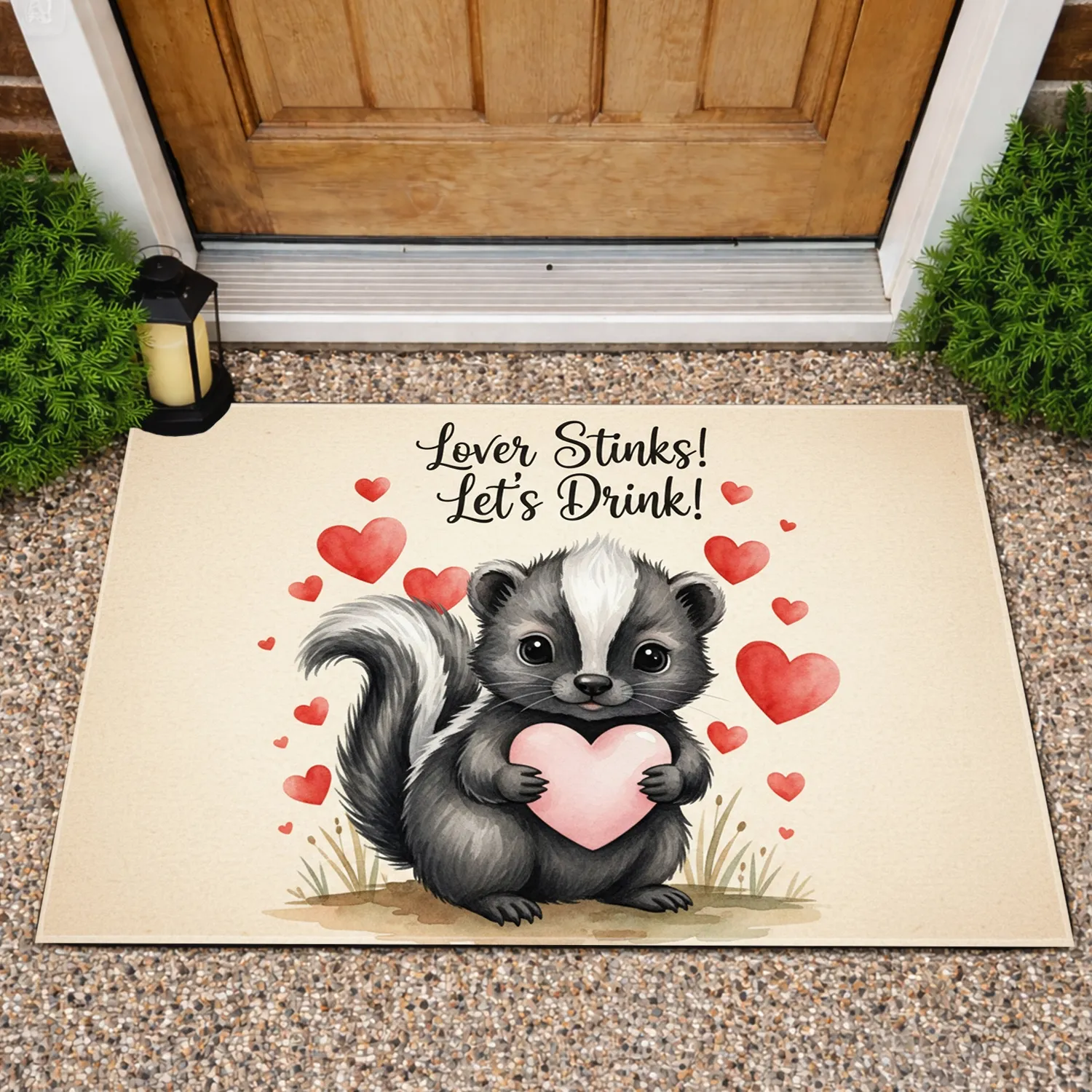 Baby Skunk Pink Heart 'Lover Stinks! Let's Drink!' - Funny Relationship Humor Gift Doormat - 1