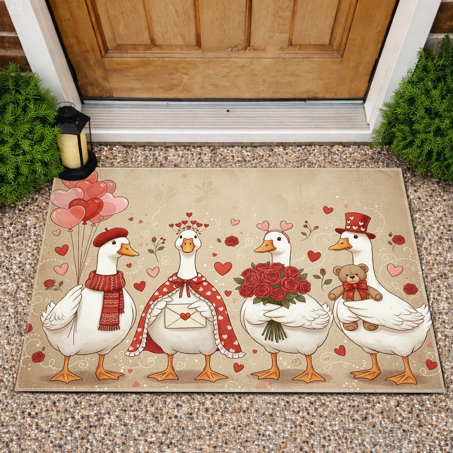 White Geese Heart Balloons Roses Teddy Bear - Valentine's Day Gift Doormat - 1